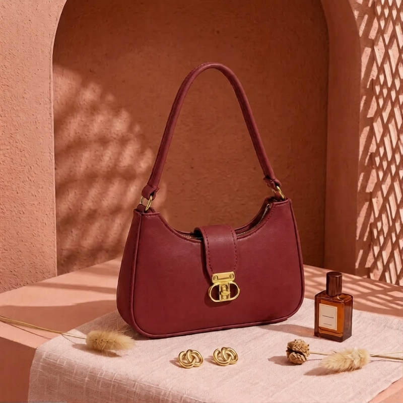 A burgundy leather shoulder bag with gold hardware, styled on a textured beige surface with dried grass, gold jewelry, and a perfume bottle against a terracotta archway background.