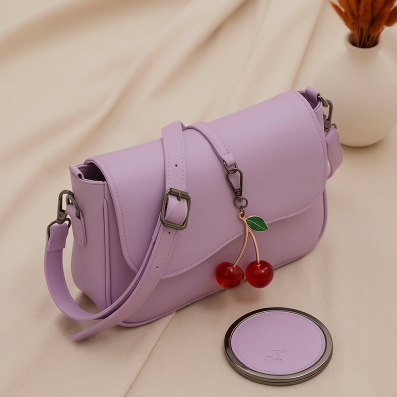 A lavender purple faux leather shoulder bag with a cherry charm, displayed on a beige fabric background next to a matching round cosmetic case.