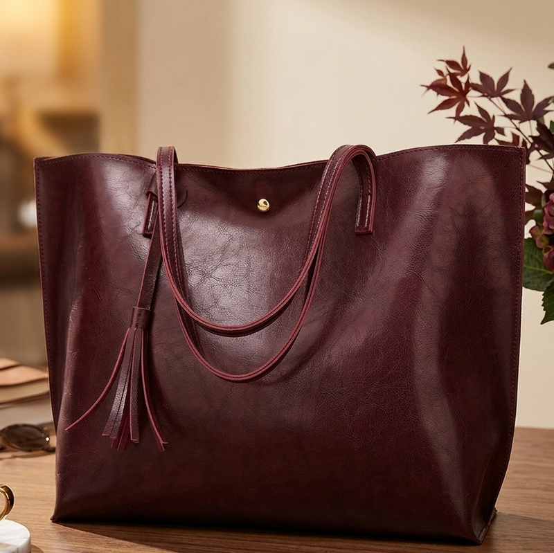 A large burgundy faux-leather tote bag with dual top handles and a hanging tassel, displayed on a wooden table in a warm, softly lit room with a coffee cup and flowers in the background.