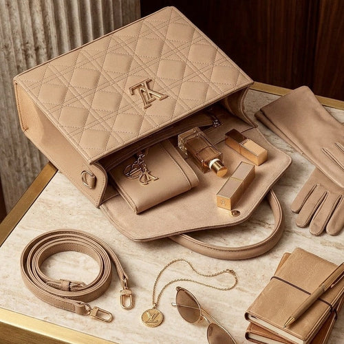 A beige quilted handbag shown open on a marble-topped surface, surrounded by matching accessories including gloves, sunglasses, a small notebook, a card holder, and jewelry. The bag has a visible LV monogram logo on the front.
