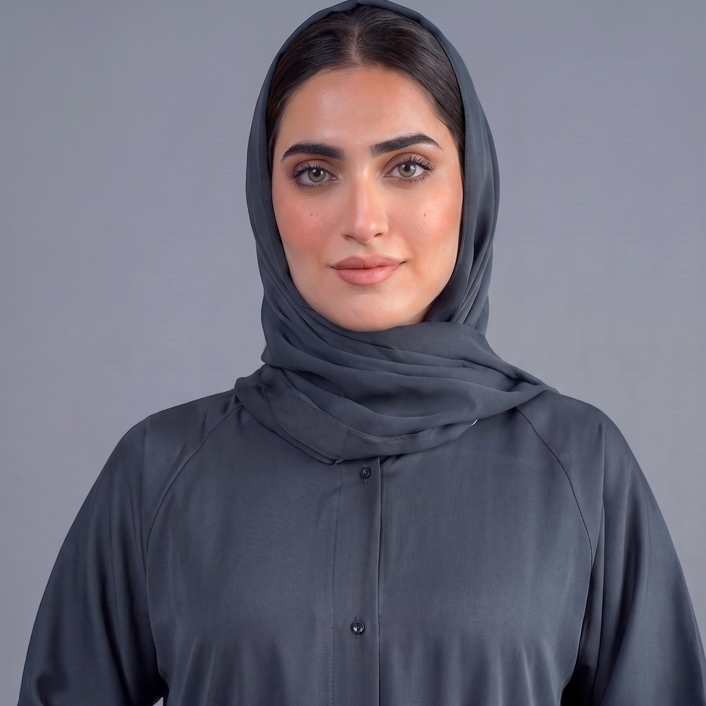 Dark Grey Tail Full Flare Abaya – With Hijab (Complete Set)