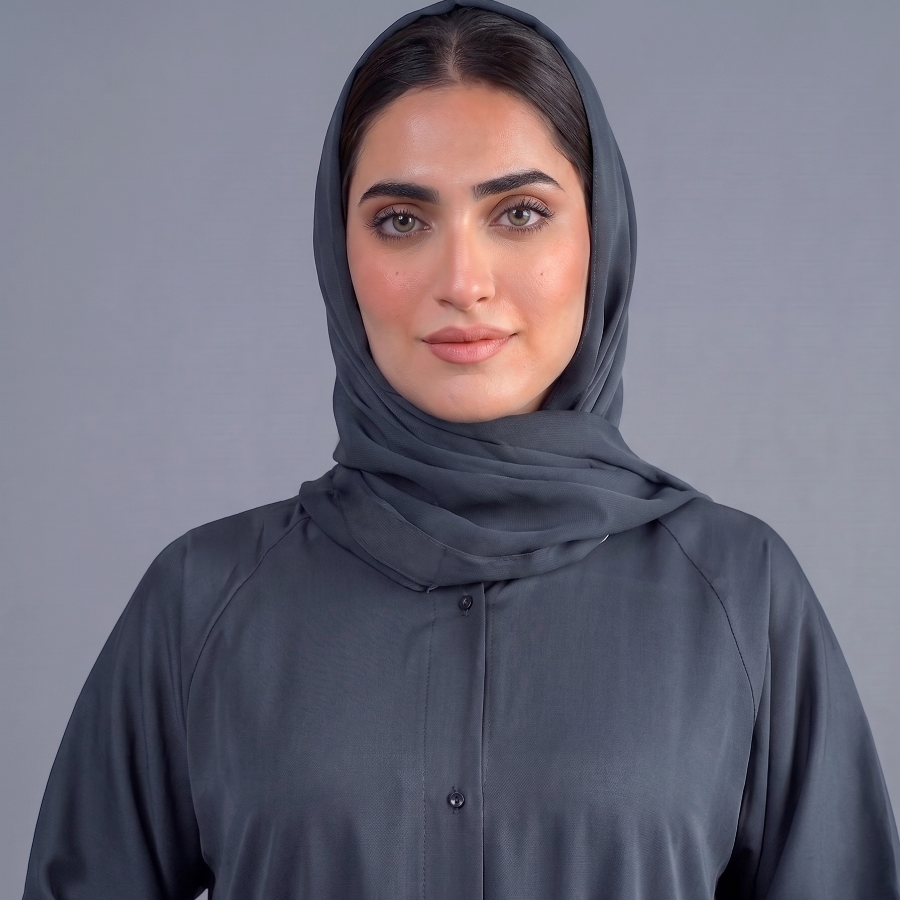 Dark Grey Tail Full Flare Abaya – With Hijab (Complete Set)