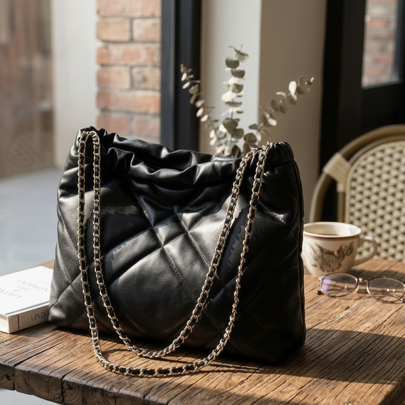 Premium Black Quilted Bucket Shoulder Bag with Chain Strap for Women