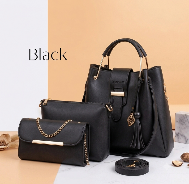 Black Leather Handbag Imported Quality Set for Girls