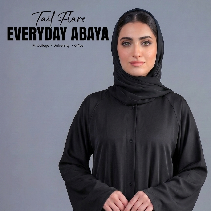 Black Tail Full Flare Abaya – With Hijab (Complete Set)
