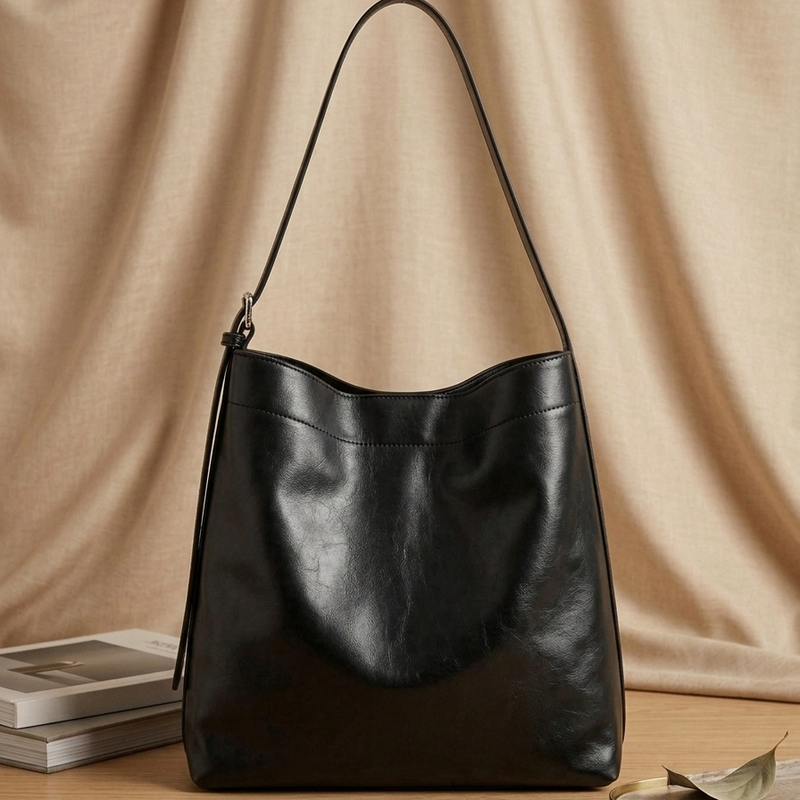 A black leather slouchy shoulder bag with a single strap, displayed on a wooden surface against a draped beige fabric backdrop, with decorative books and a small gold tray nearby.