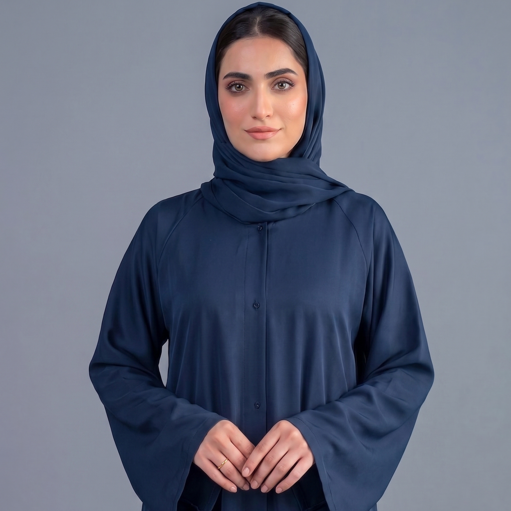 Navy Blue Tail Full Flare Abaya – With Hijab (Complete Set)
