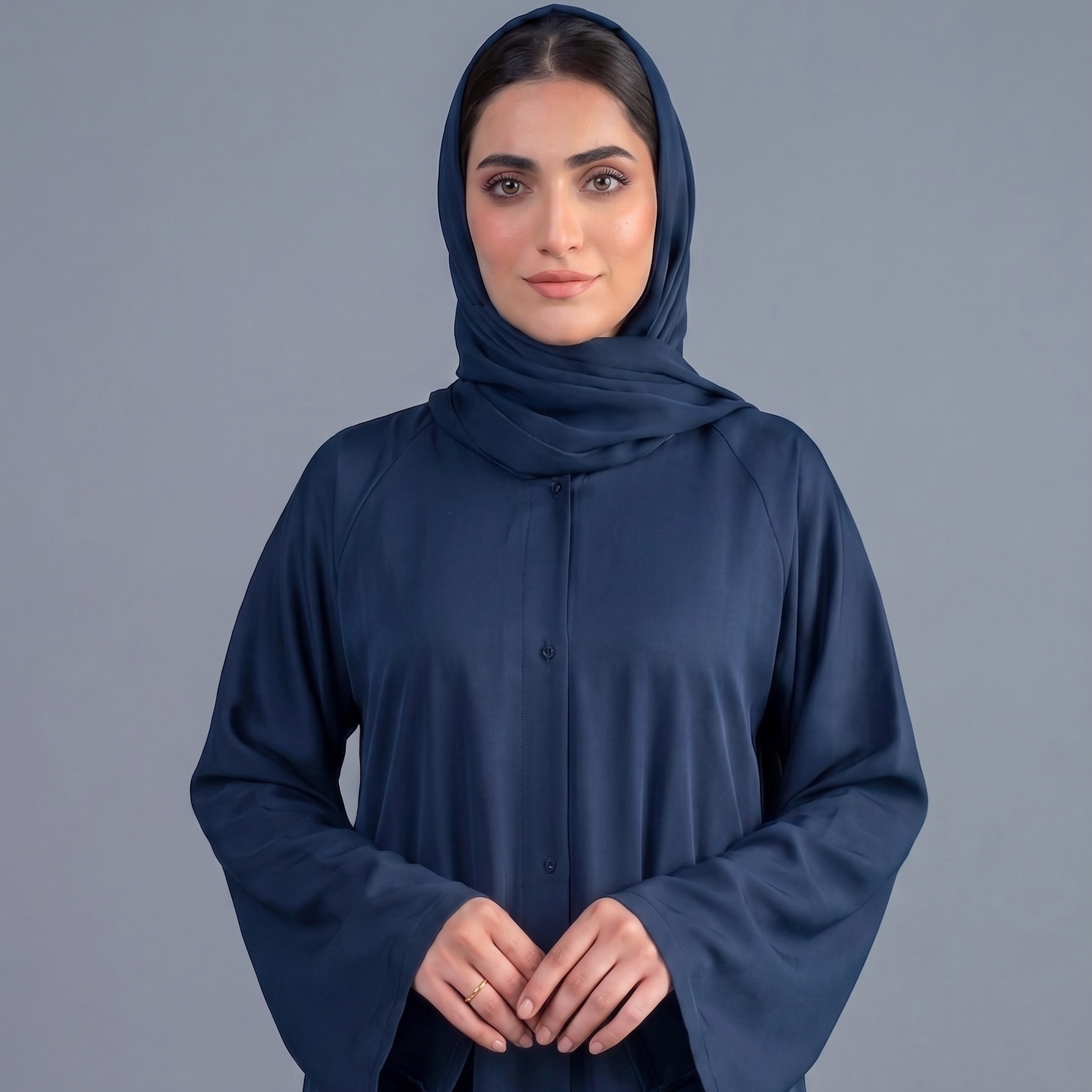 Navy Blue Tail Full Flare Abaya – With Hijab (Complete Set)