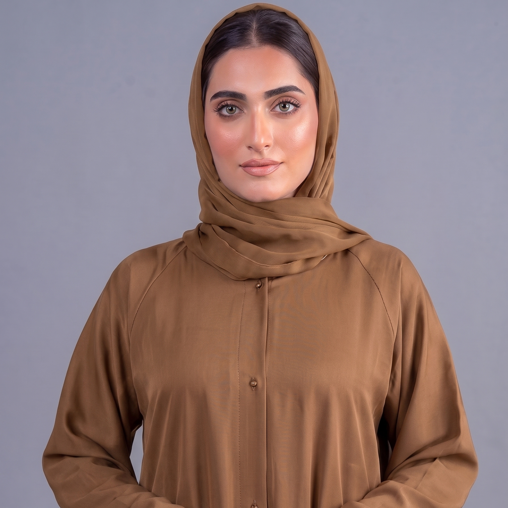 Tan Brown Tail Full Flare Abaya – With Hijab (Complete Set)