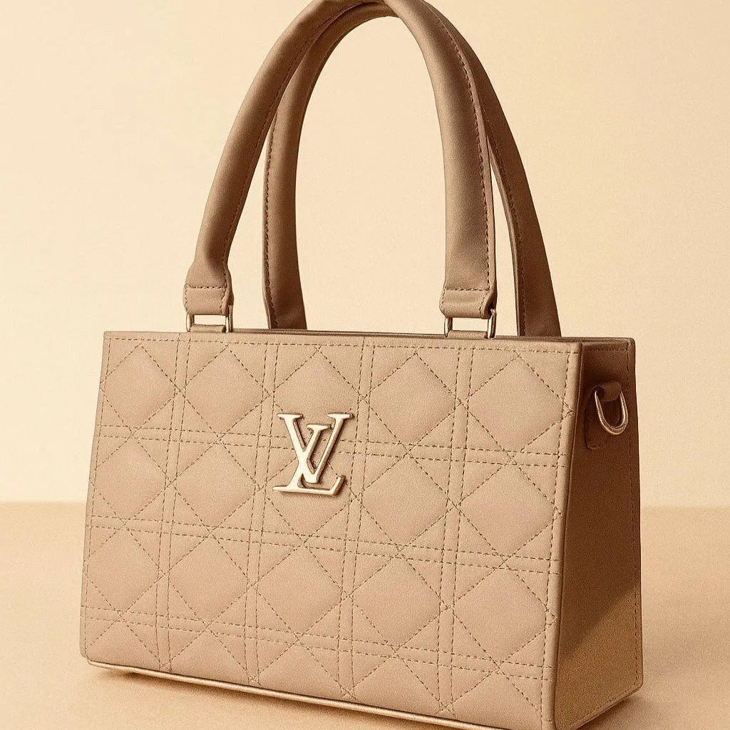 Beige handbag with diamond quilted pattern and visible brand logo on a beige background