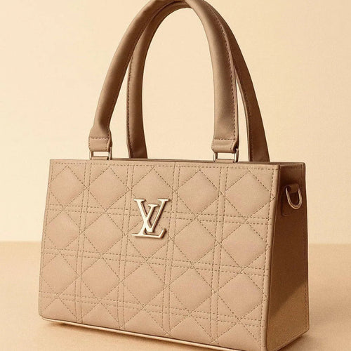 Beige handbag with diamond quilted pattern and visible brand logo on a beige background