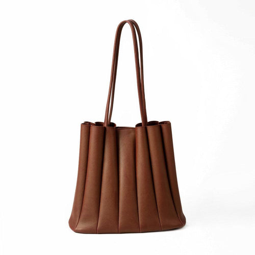 2-Pc Brown Pleated PU Imported Leather Handbag for Women