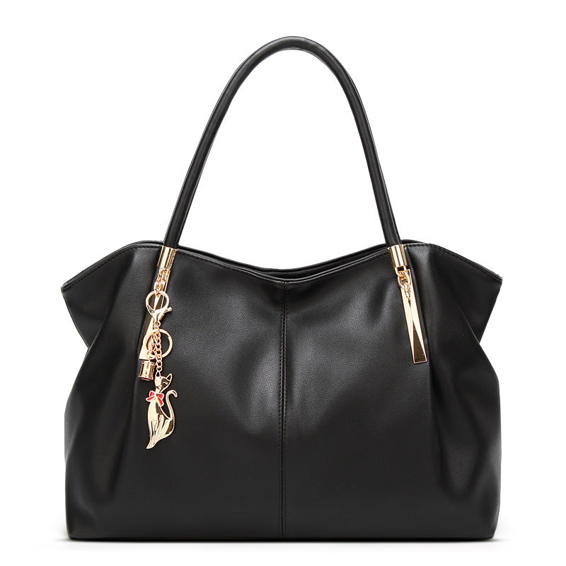Premium Black Faux Leather Handbag with Cat Charm & Gold Hardware