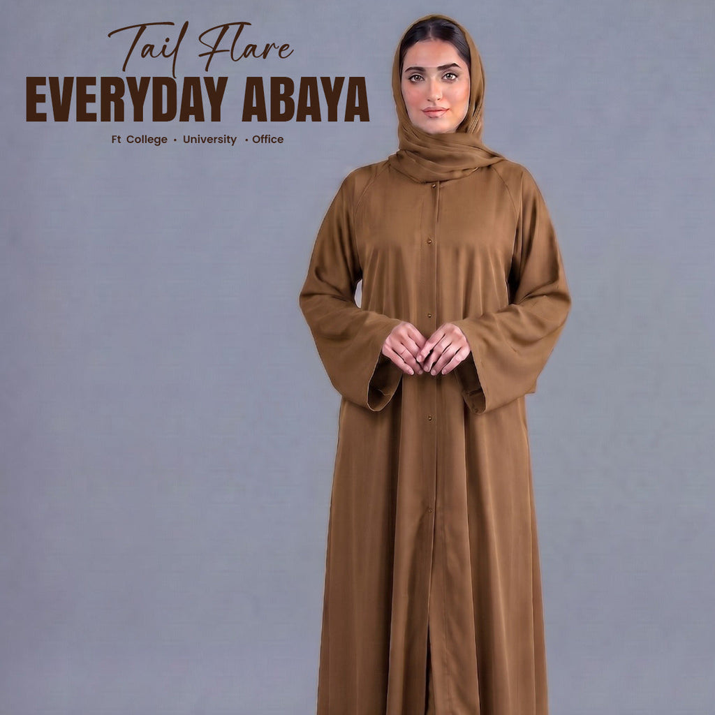 Tan Brown Tail Full Flare Abaya – With Hijab (Complete Set)