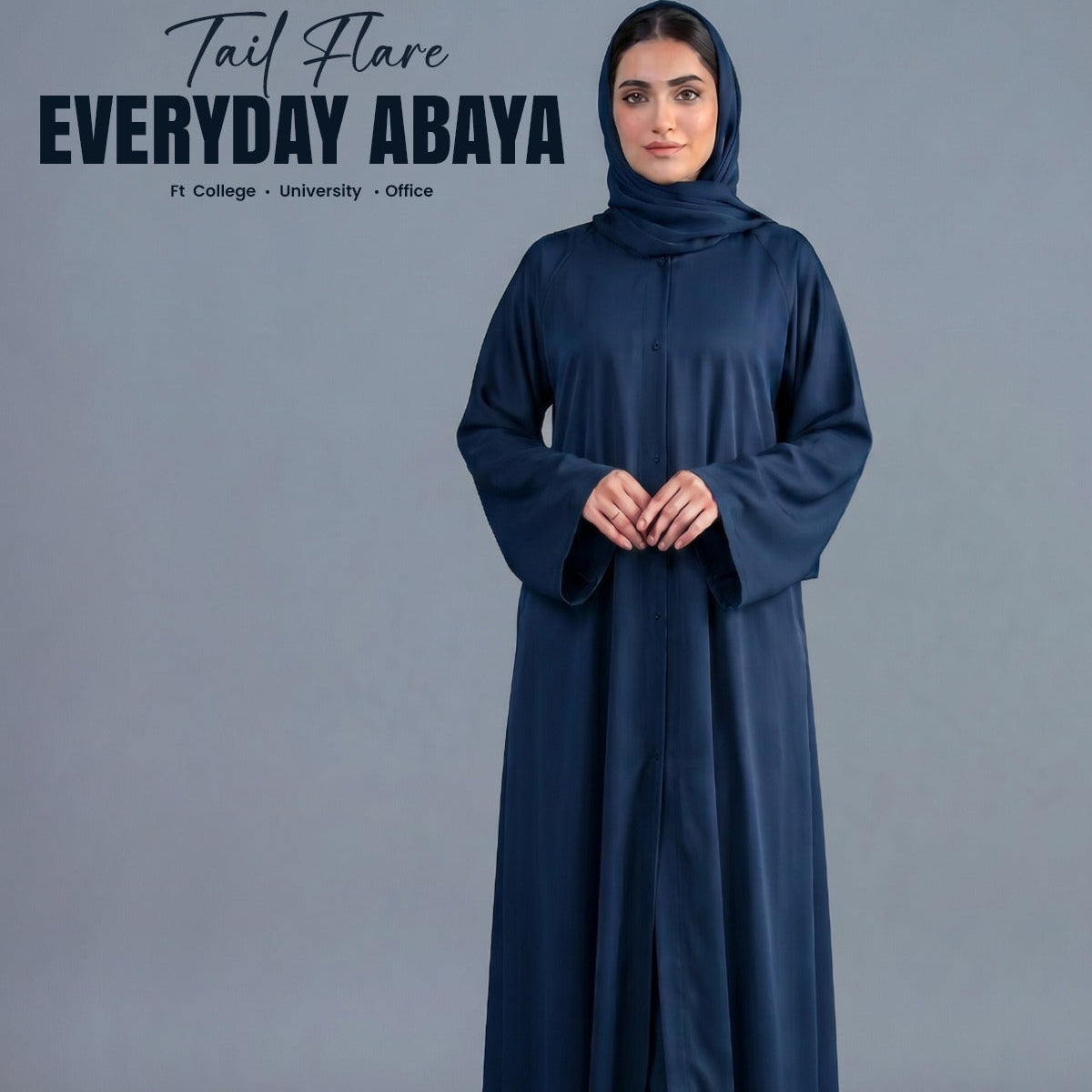 Navy Blue Tail Full Flare Abaya – With Hijab (Complete Set)