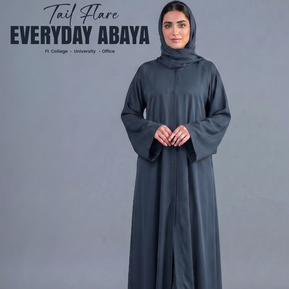 Dark Grey Tail Full Flare Abaya – With Hijab (Complete Set)