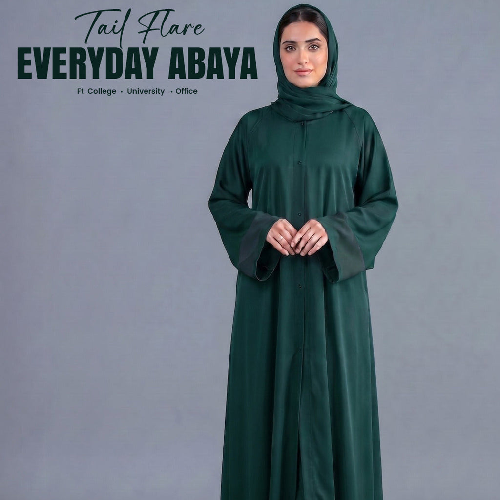 Emerald Evergreen Tail Full Flare Abaya – With Hijab (Complete Set)
