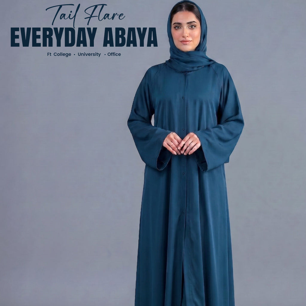 Ocean Blue Tail Full Flare Abaya – With Hijab (Complete Set)