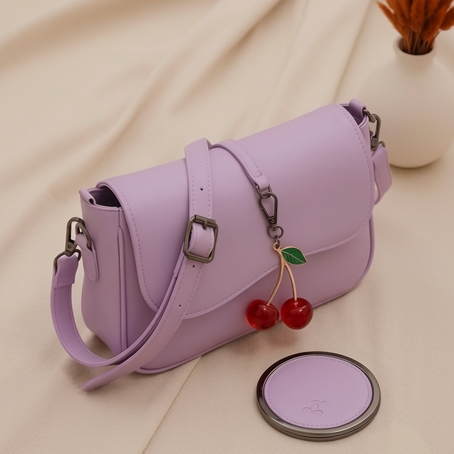 A lavender purple faux leather shoulder bag with a cherry charm, displayed on a beige fabric background next to a matching round cosmetic case.